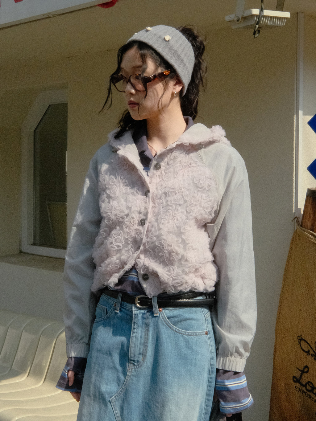 Lace Crop Hood (Grey+Pink)