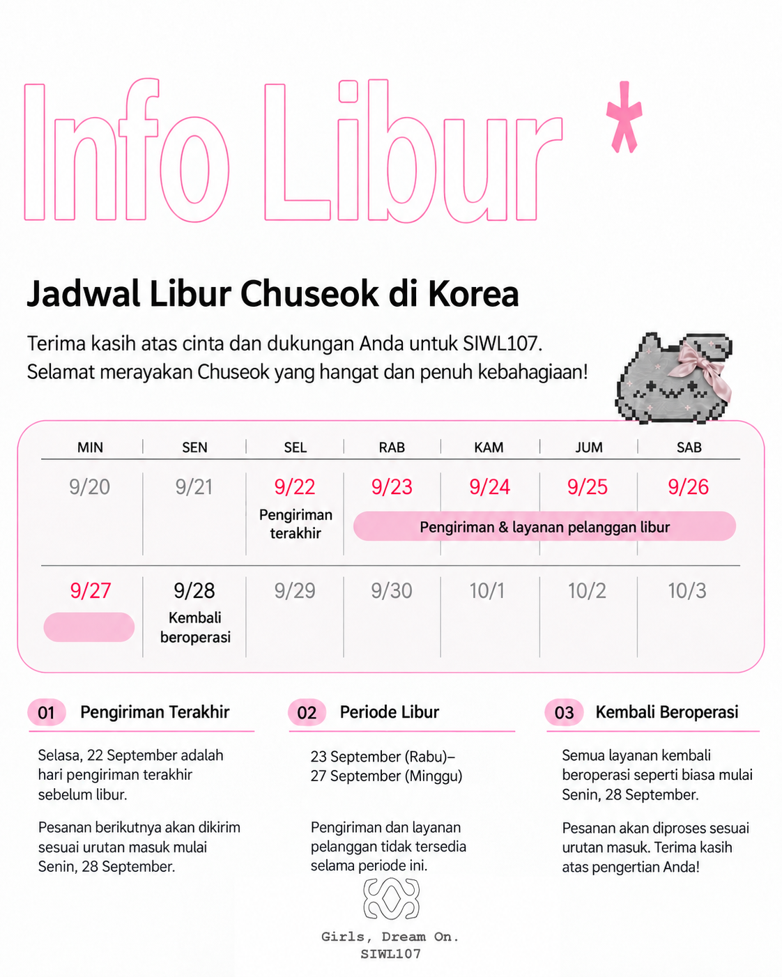 Libur Chuseok di Korea: pengiriman dan layanan pelanggan tutup 23–27 September, kembali beroperasi 28 September.